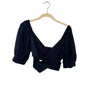 Black Crop Top Puff‎ Sleeve Blouse Criss Cross Open Back Party